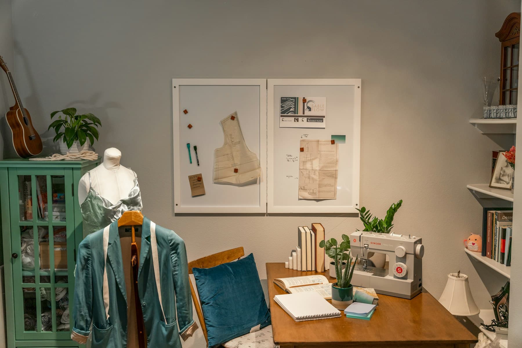 Craft workroom with shelves and enclosed storage